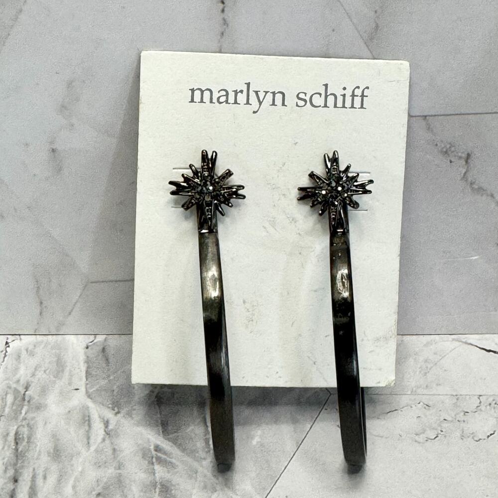 NWT Marlyn Schiff Earrings Hoop Dangle North Star Gun Metal Tone Rhinestone